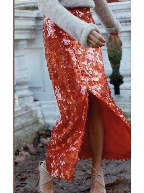 Anthropologie Dresses & Skirts - Anthropologie Maeve Sequin Midi Skirt Size 12 Coral Orange Paillette Party